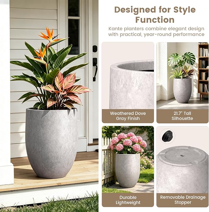 Kante Large Round Bullet CON Gray Concrete Planter 21.7" Tall, Outdoor | Rubber - Image 3