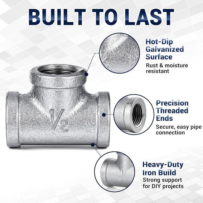 Cinnvoice 20 Pack 1/2" Galvanized Tee Pipe Fittings, Female NPT Threaded - Image 3
