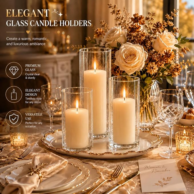 24 PCS Ivory White Pillar Candles and Glass Cylinder Vases Hurricane Glass - Image 3