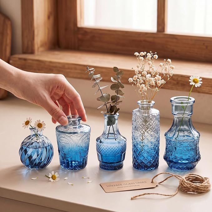 Clear Gradient Blue Glass Bud Vase Set of 14 Pcs, Small Bud Vases in Bulk - Image 2