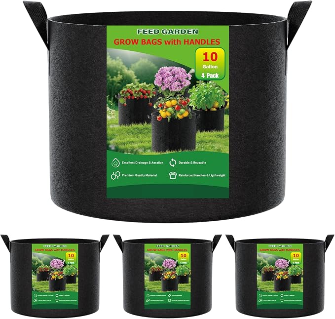 10 Gallon Grow Bags 4 Pack – 300G Thickened Fabric Plant Pots by FEEDGARDEN