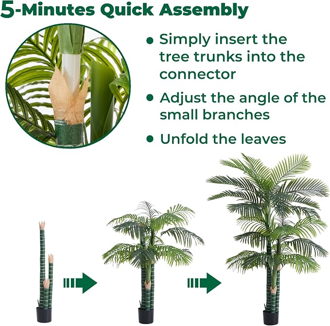 6FT Tall Triple Golden Cane Palm Tree in Black Cement Pot | Large Faux Plants - Image 6