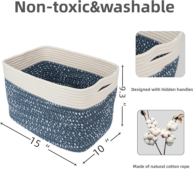 XUANGUO Woven Cotton Rope Storage Baskets 15x10x9.3" 3 Pack White and Blue | - Image 2