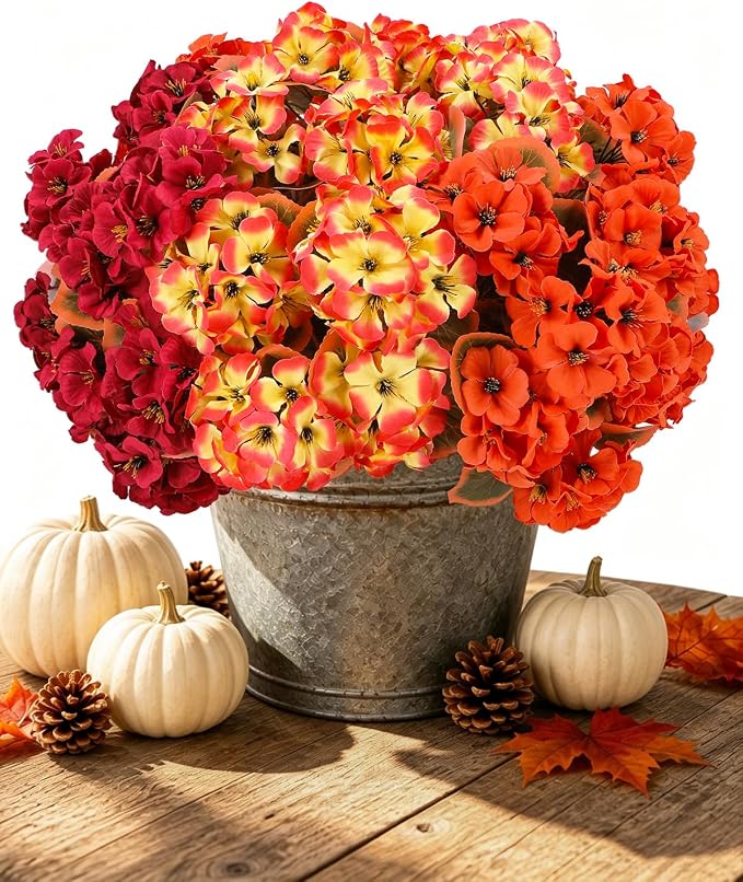 Artificial Fall Flowers for Outdoors, 12 Bundles Faux Geraniums | UV-Resistant by Unknown
