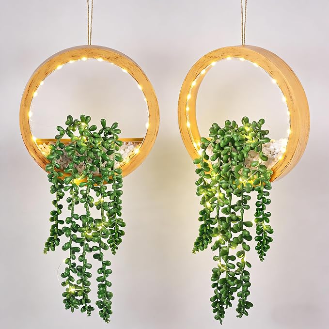 Der Rose 2 Pack Fake Lighted Hanging Succulent Plants Wood Pot by DerRose