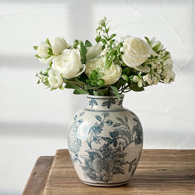 SIDUCAL Ceramic Chinoiserie Floral Vase | 6.3 Inch Blue and White Vintage | by SIDUCAL