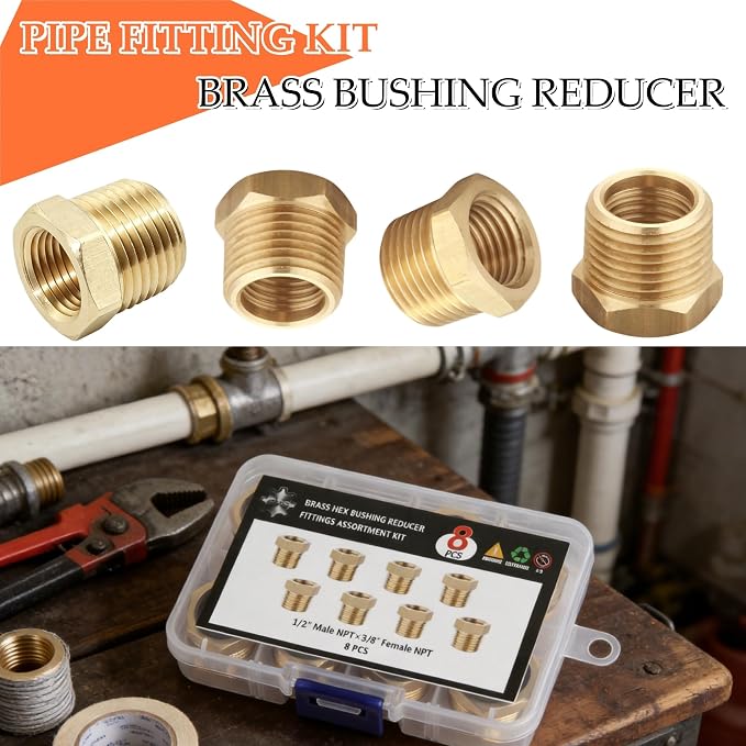 Brass Hex Bushing Reducer, 1/2" Male to 3/8" Female NPT Pipe Fitting | 8-pack - Image 4