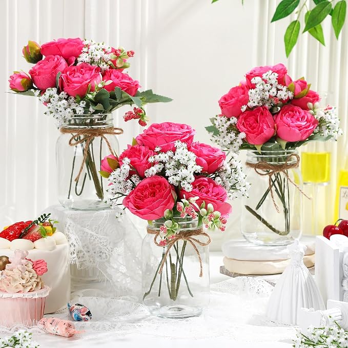 12 Sets Mason Jar Flowers Centerpiece Table Decorations, Hot Pink | Faux Flowers - Image 3
