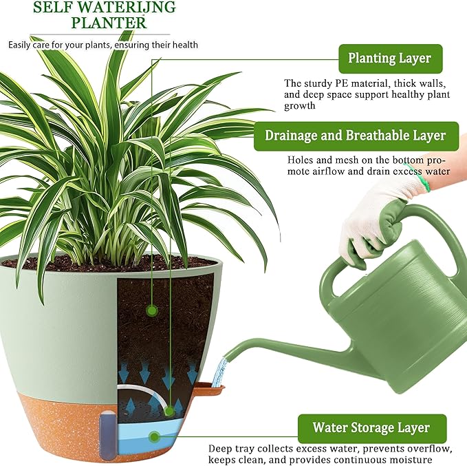 2 Pack 10 inch Plant Pots, Plastic Self Watering Planters | Drainage Holes - Image 3