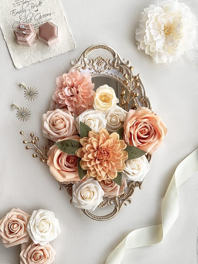FACINOC Artificial Flowers Orange Mix Fake Flower Dahlia Roses - Image 3