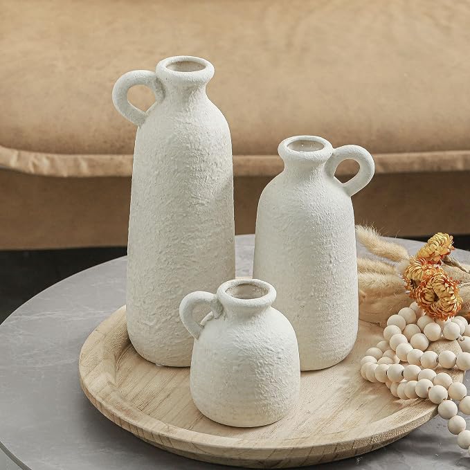 Ceramic Vase Set of 3 with Handle, Neutral Rustic Vases Home Decor Farmhouse - Image 9