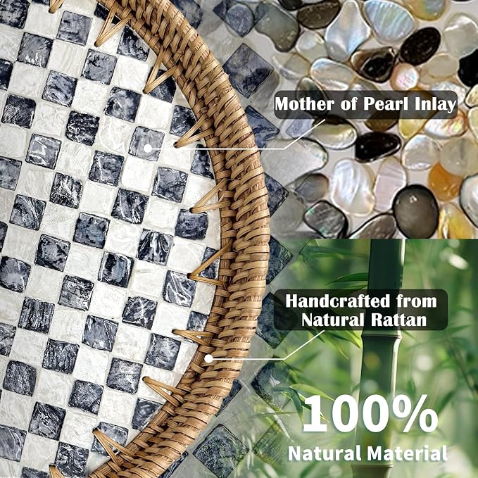 Round Rattan Tray with Mother of Pearl Inlay, Decorative Basket with Wooden Base - Image 3