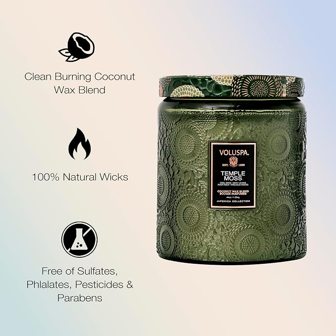 Voluspa Temple Moss, Two Wick Luxe Candle Jar, 44 oz, Coconut Wax Blend - Image 4