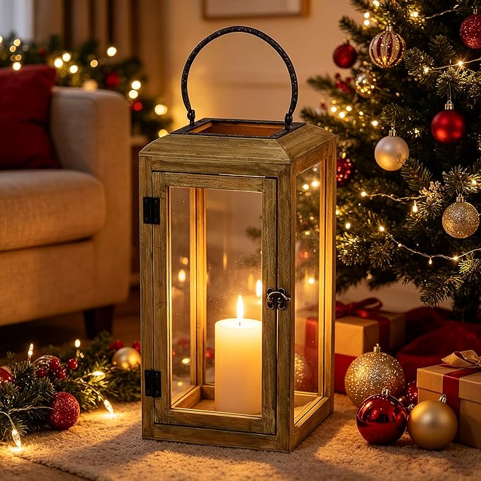 16" High Wooden Lantern Made of Solid Firwood in Distressed Natural - Image 3