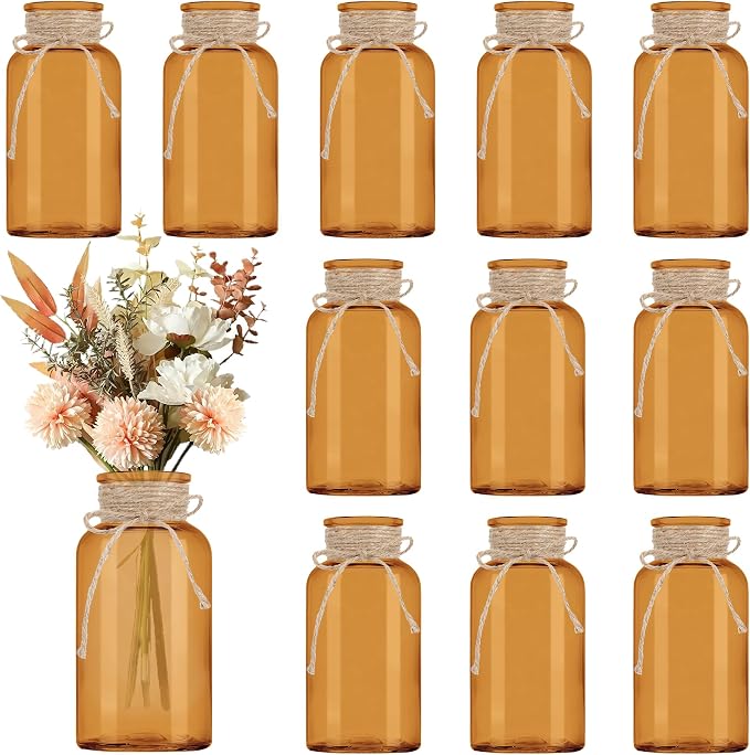 12 Pack Mason Jar Vases for Centerpieces, Amber Glass Flower Vase | Vintage by LEYIQU