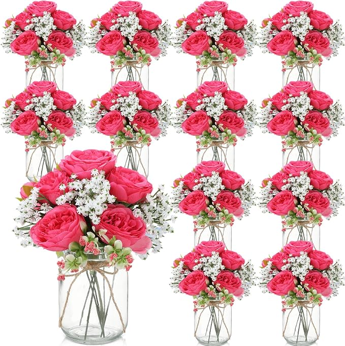 12 Sets Mason Jar Flowers Centerpiece Table Decorations, Hot Pink | Faux Flowers by Zeyune