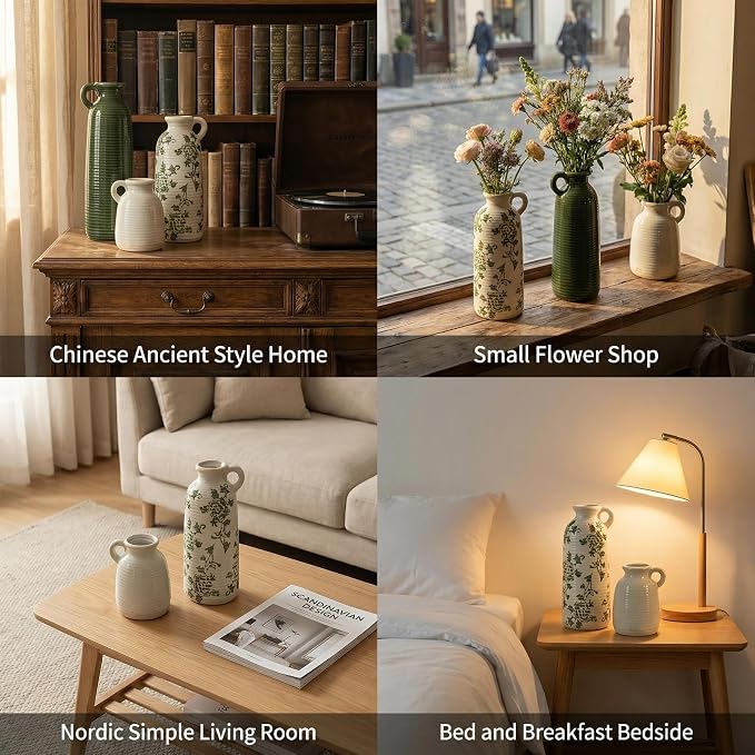 Ceramic Vase Set of 3 with Handles, Versatile as Table Centerpiece or Mantel & - Image 8