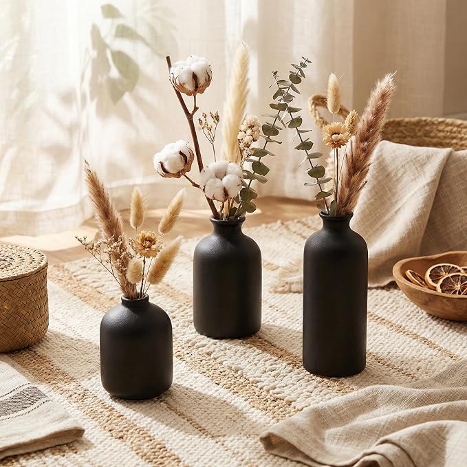 Small Black Ceramic Vase Set of 3, Modern Boho Farmhouse Flowers Vases | - Image 5