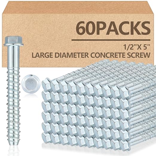 Tandefio 60 Pack 1/2" x 5" Concrete Screw Anchor Galvanized Large Diameter by Tandefio