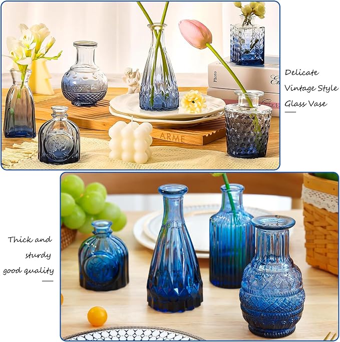 Blue Glass Bud Vase Set, Mini Single Vintage Design - Image 4