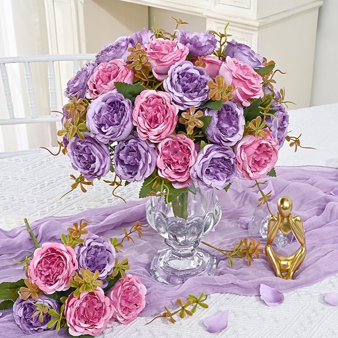 2 Packs Peonies Artificial Flowers, Dark Purple Silk Artificial Peonies | Fake - Image 7