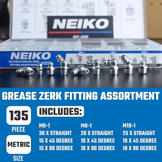 NEIKO 50467A Grease Fitting Assortment, 135 Piece, Straight & Angled Zerk - Image 2