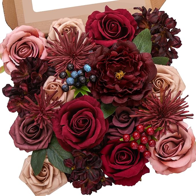 Alecono Burgundy Artificial Flowers, Silk Fake Roses Floral Set | by AleconoBetterYourLife