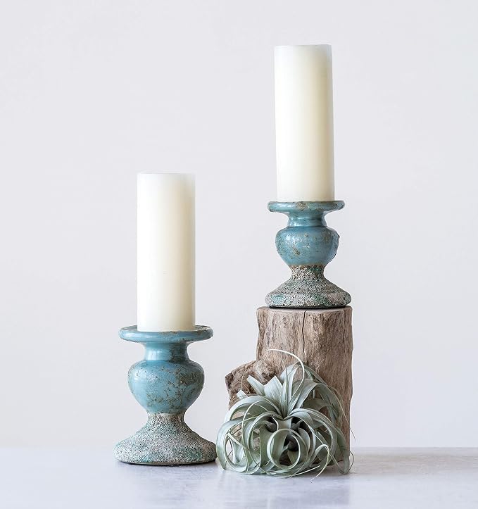 Creative Co-Op Small Distressed Blue Terracotta Pillar Candle Holder - Image 7