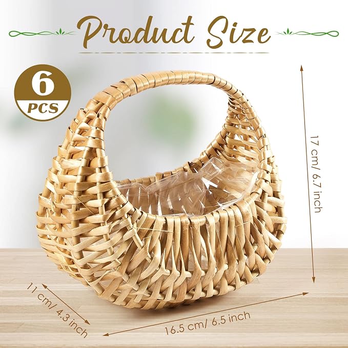 6 Pack Flower Girl Basket with Handle, 6.7 x 6.5 x 4.3 Inch, Nature | Half Moon - Image 2