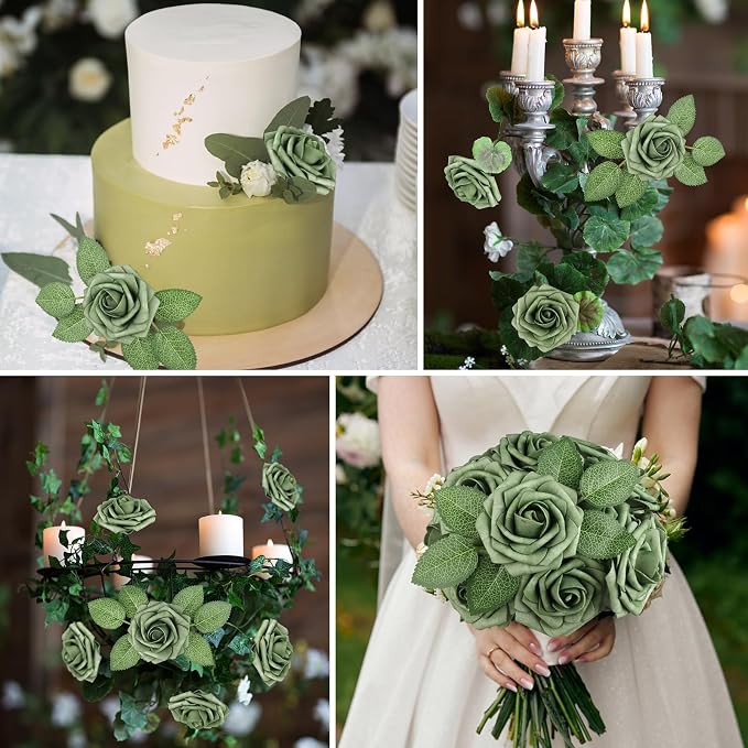 AmyHomie Green Rose 25pcs Real Looking Artificial Flowers w/Stem | Bouquet - Image 5