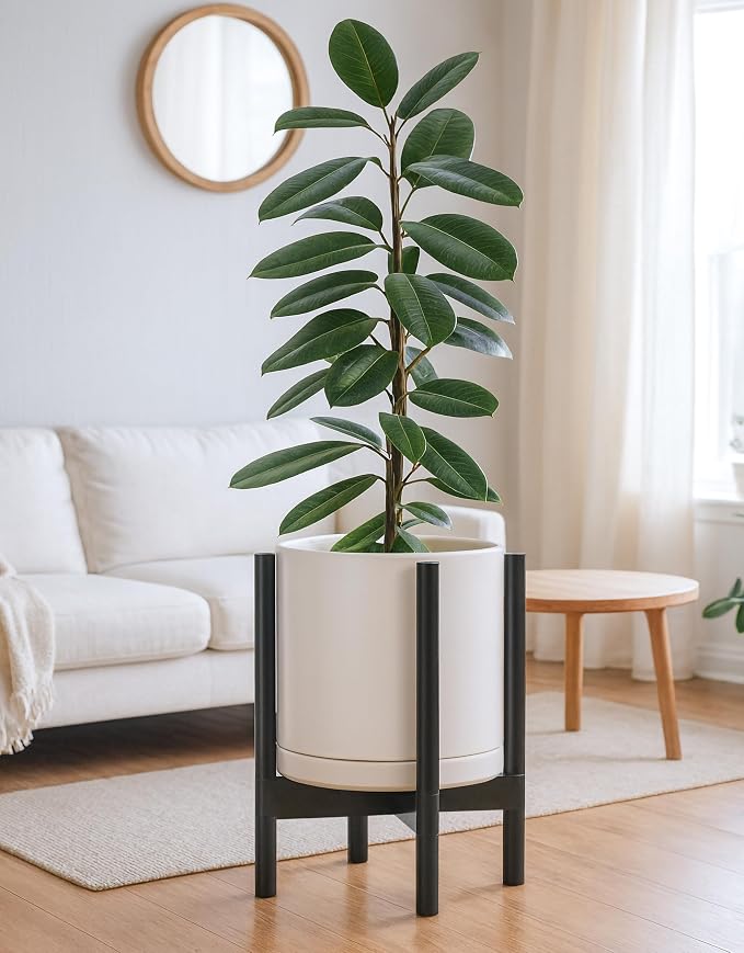 D'vine Dev Ceramic Pot with Ebony Wood Stand, 12 in, 55-B-H-8 | Mid-Century - Image 4