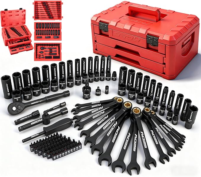 Premium 132-Piece Mechanics Tool Set, SAE/Metric 1/4" & 3/8" Drive Socket Set by SEDY