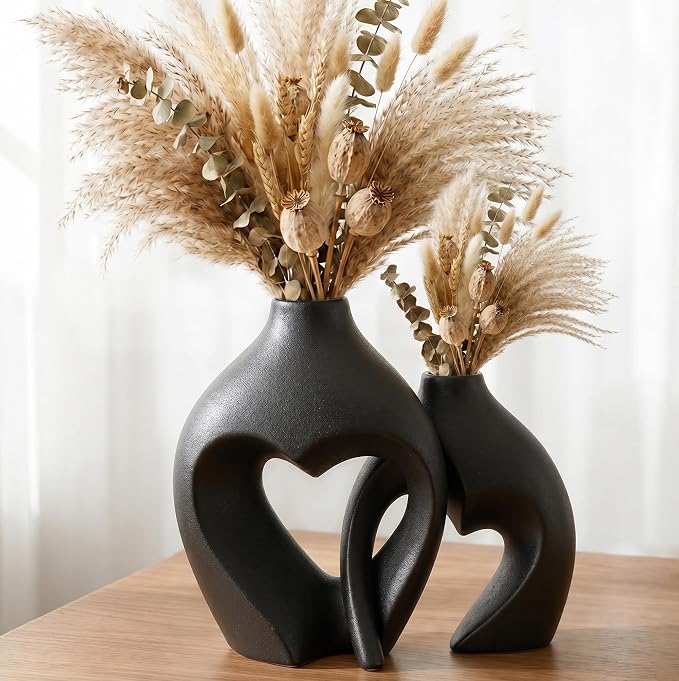 Black Ceramic Flower Vases Home Decor Heart Shaped Vase Set of 2 | Nordic Heart by Zormon