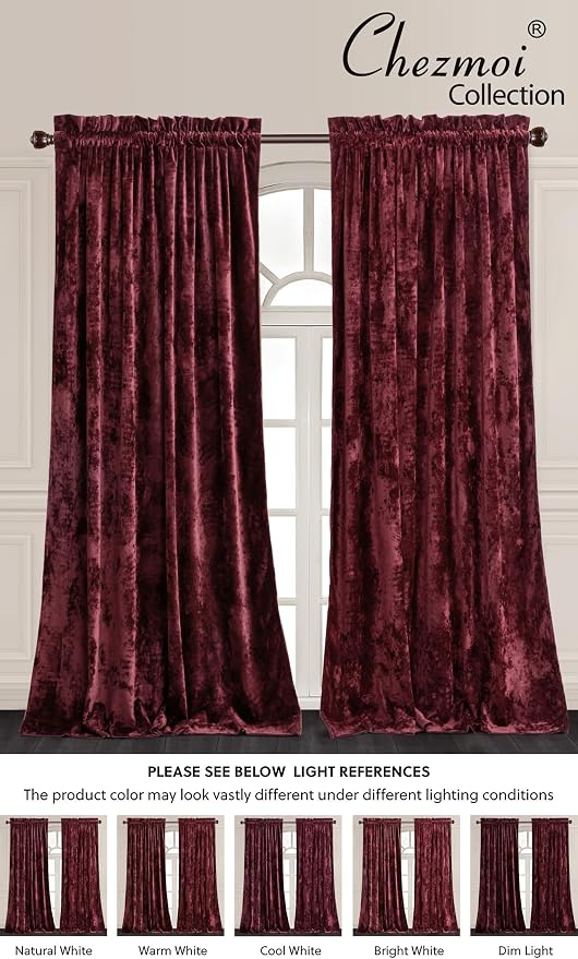 Chezmoi Collection Lux Burgundy Red Crushed Velvet Curtains 2 Panel Set - Image 4