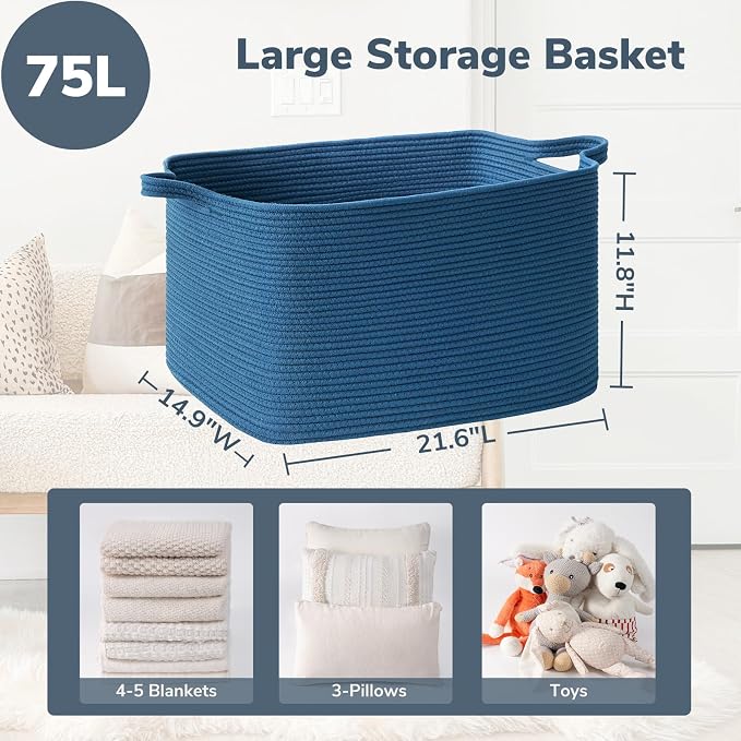 Goodpick Large Woven Rope Blanket Basket, Dark Blue | 21.6'' x 14.9'' x 11.8'' - Image 3