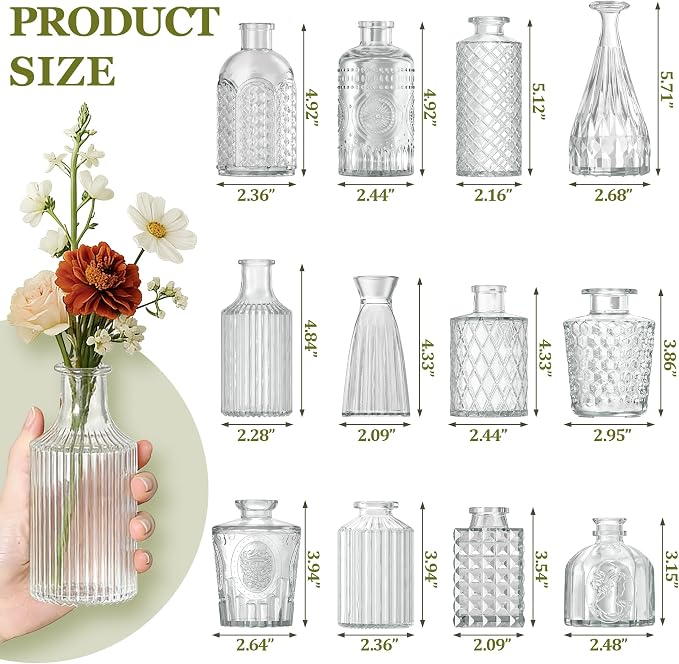 12 Pcs Clear Bud Vases Set, Small Vintage Glass Clear Bud Flower Vases Bulk - Image 2