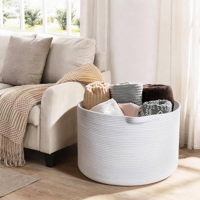 White Cotton Rope Storage Basket, XL Soft Toy Bin - Image 4