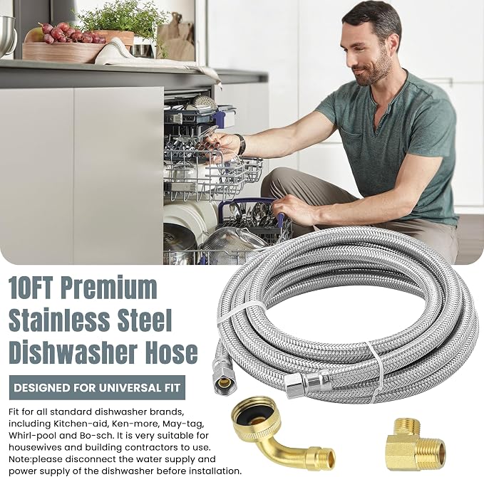 Stainless Steel Braided Dishwasher Hose, 10 FT Connector Kit - Image 7