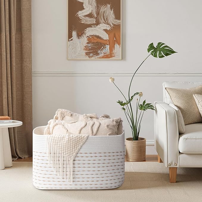 OIAHOMY 75L Blanket Basket, Woven Cotton Rope Basket - Image 3