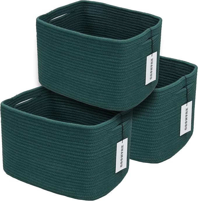 XUANGUO Woven Cotton Rope Storage Baskets 15x10x9.3" 3 Pack Dark Green | by XUANGUO