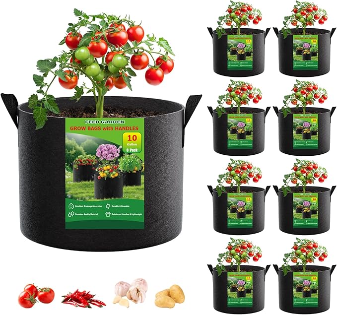 10 Gallon Grow Bags 8 Pack – 300G Thickened Fabric Plant Pots by FEEDGARDEN