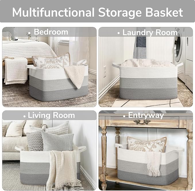 Goodpick Large Woven Rope Blanket Basket, Light Gray | 21.6'' x 14.9'' x 11.8'' - Image 4