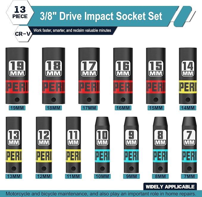 13 Piece 3/8" Drive Impact Socket Set, 7 mm-19 mm Deep Socket, 6 Point - Image 2