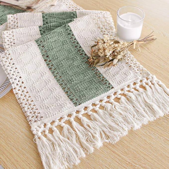 Boho Table Runner for Home Decor 12x72 Sage Green Fall Decorations | 72 Inches by FEXIA