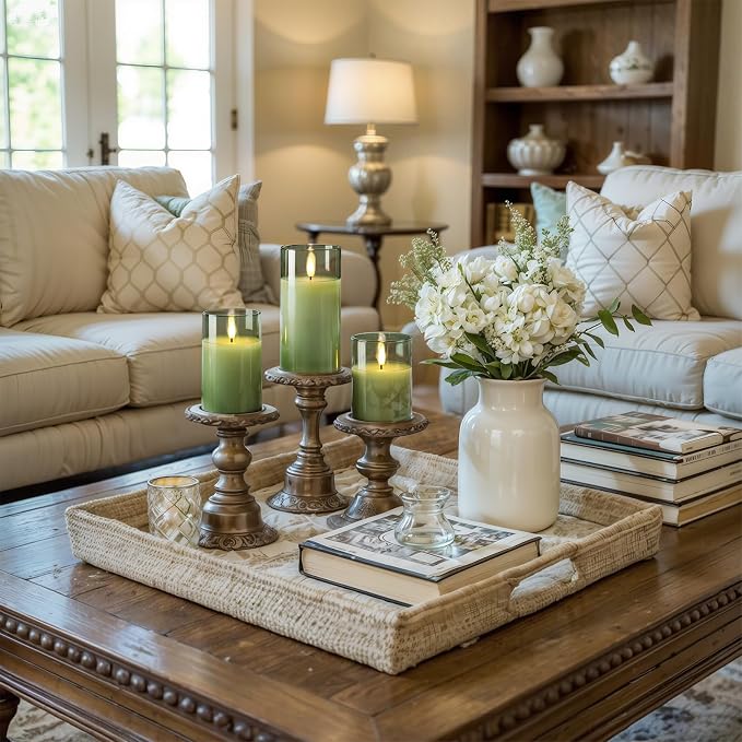 Homemory Sage Green Glass Flameless Candles, Real Wax, Remote Timer, 3 Pack | - Image 3