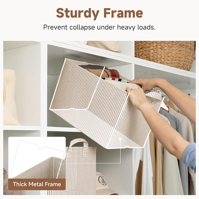 StorageWorks Fabric Storage Bins, Khaki and Beige Stripes, Metal Frame - Image 5