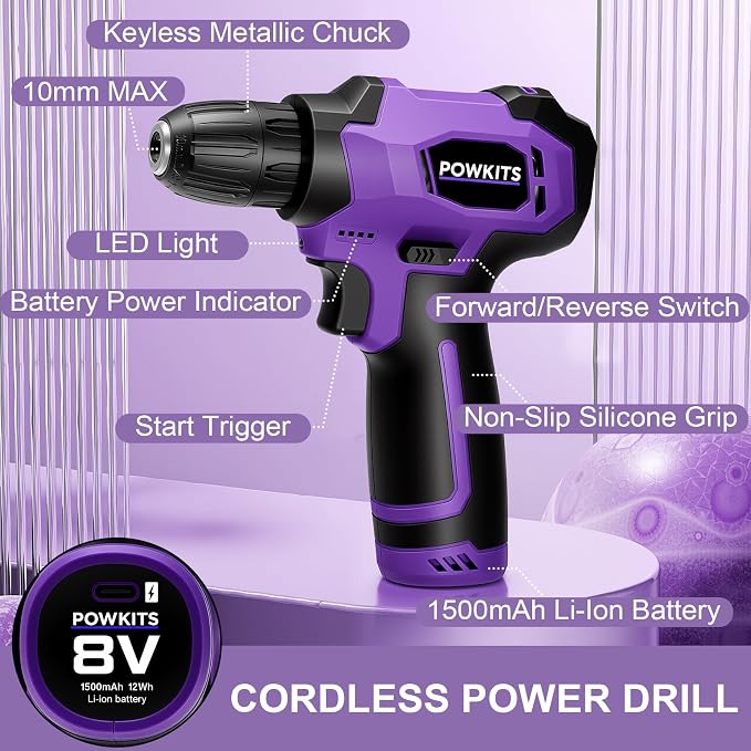 8V Purple Cordless Drill Set for Women, Starter Tool Kit - Image 3
