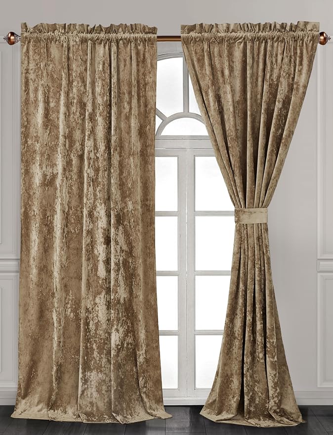 Chezmoi Collection Lux Tan Crushed Velvet Curtains 2 Panel Set - Image 2