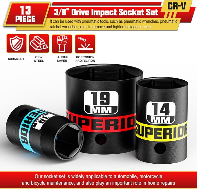 13 Piece 3/8" Drive Impact Socket Set, 7 mm-19 mm Shallow Socket, 6 Point - Image 4