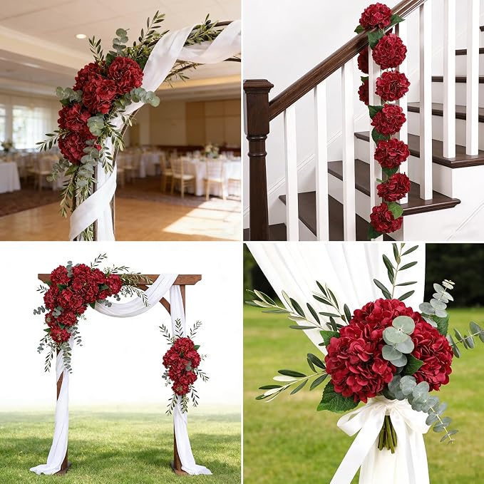 Kimura's Cabin 6Pcs Hydrangea Artificial Flowers Silk Hydrangeas, Dark Red | - Image 6